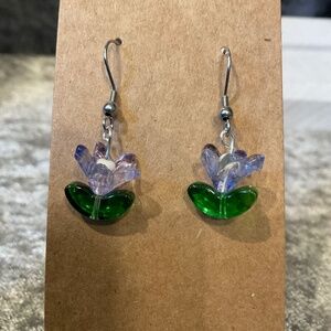 Glass Beaded Violet Flower Dangle Pierced Earrings